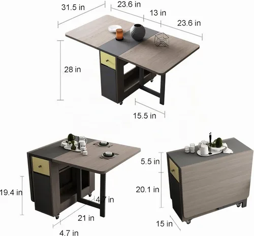 Vista 3 de FUNROLUX Drop Leaf Folding Dining Table with Storage, 2 Drawers, Grey Gris