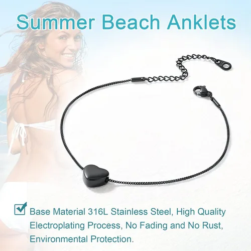 Vista 4 de U7 Tobilleras de corazón para mujer, de acero inoxidable, pulsera de tobillo con forma de corazón, impermeable, joyería de playa de verano
