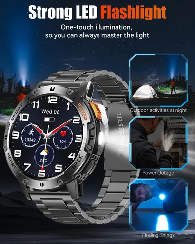 Vista 4 de Relojes inteligentes militares para hombres con llamada Bluetooth, reloj inteligente impermeable AMOLED de 1.43" con linterna, 111 modos deportivos