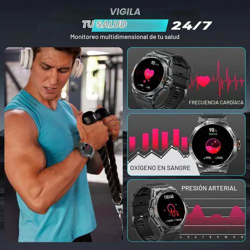 Vista 6 de Reloj inteligente militar para hombre, para responder/hacer llamadas de 1.43 pulgadas, AMOLED siempre encendido, reloj inteligente resistente