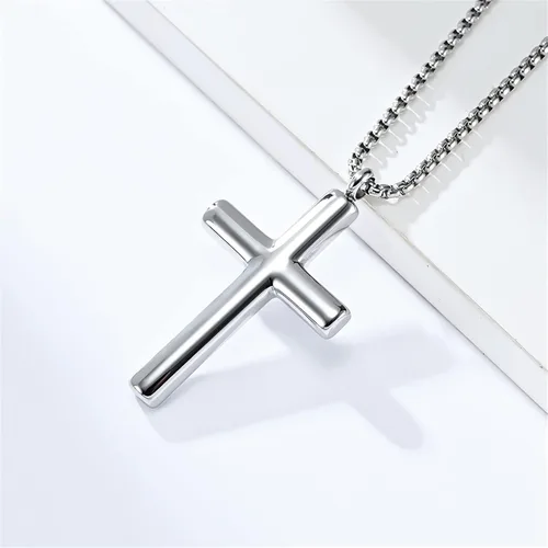 Vista 3 de Collar de cruz para hombre, colgante de cruz de acero inoxidable plateado y negro dorado para niños, regalos de fe para mujeres, cadena de caja