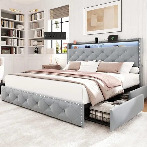 Vista 16 de LARMACE Base de cama tamaño King con 4 cajones de almacenamiento, base de cama tapizada de terciopelo, plataforma King con luces LED y estación