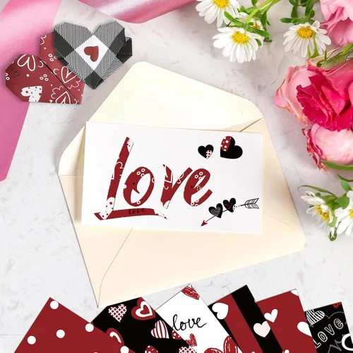 Vista 6 de Papel con Patrón de San Valentín de Doble Cara Papel Decorativo para Álbum de Recortes de San Valentín, Cartulina Roja y Negra con Corazones de Amor