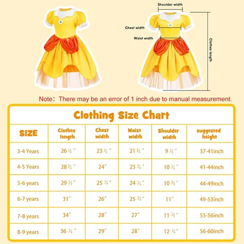 Vista 5 de Oskiner Princess Daisy Costume for Girls,Princess Daisy Dress for Kids Cosplay Halloween Dress Up Outfit