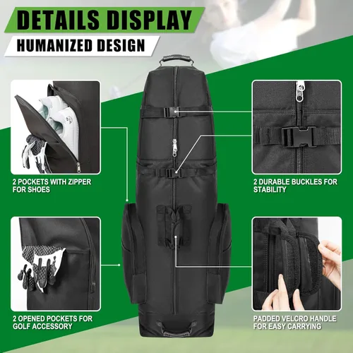Vista 3 de DAREKUKU Bolsa de viaje de golf con varilla de soporte ajustable, funda de viaje portátil para club de golf con ruedas para aerolíneas, resistente