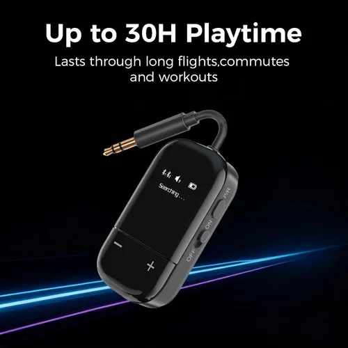 Vista 7 de Transmisor de audio Bluetooth 5.3 para avión con Qualcomm aptX adaptativo, pantalla LCD, soporte de dispositivo doble, batería de 30 horas, AUX