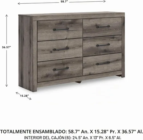 Vista 3 de Signature Design by Ashley Urbanoore - Cómoda rústica de 6 cajones con tope de seguridad, color gris