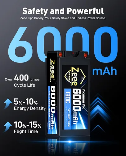 Vista 4 de Zeee Premium Pro 2S 6000mAh Lipo Batería 7.6V 130C con conector de bala a XT60 de 0.197 in, resistencia interna ultrabaja, carcasa rígida para auto
