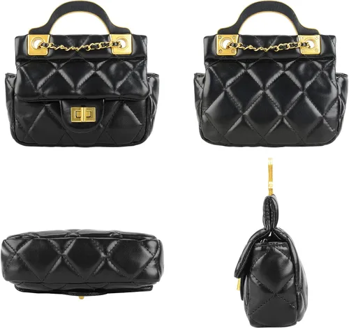 Vista 4 de Mini monedero para mujer, negro acolchado con celosía pequeña bolsa de asa superior, bolso de mano cruzado pequeño para uso diario, bodas, fiestas