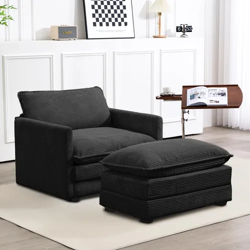 Vista 13 de ROWHY Sillón individual con otomano, sofá moderno de corduroy en forma de nube con chaise convertible, sofá tapizado para sala de estar, beige