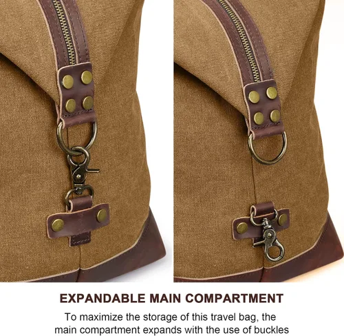 Vista 16 de S-ZONE - Bolsa de viaje de lona sobredimensionada con adornos de cuero genuino, bolsa deportiva de hombro de fin de semana, bolso de fin de semana