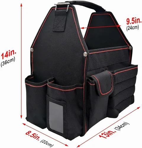 Vista 6 de Bolsa de herramientas Hautmec Tool Tote Pro para electricista, bolsa de herramientas de 18 bolsillos, parte superior abierta, con correa de hombro
