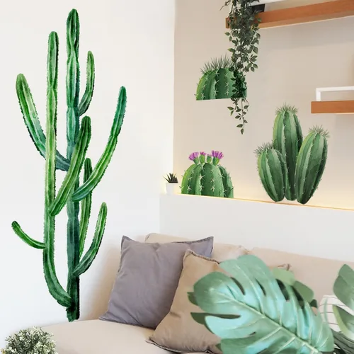 Vista 3 de Runtoo Calcomanía de pared de cactus bohemios, plantas botánicas verdes, calcomanías de pared para sala de estar, dormitorio, cocina, decoración