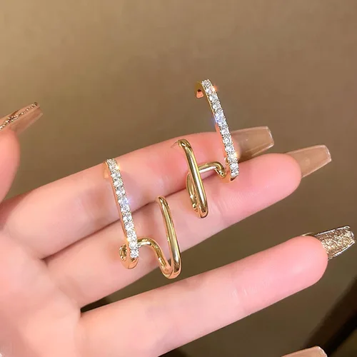 Vista 5 de Aretes de cuarteto para mujer, aretes de garra que parecen múltiples piercings de diamantes de imitación, aretes de tuerca envolventes, aretes