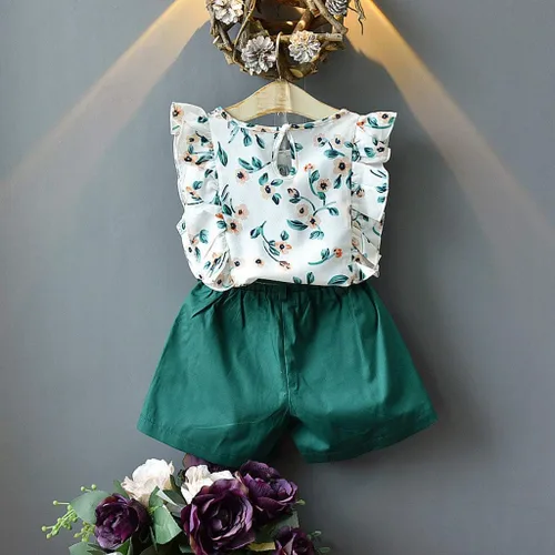 Vista 2 de Conjunto de ropa de verano para bebés y niñas de 2 a 7 años con estampado de flores y pantalones cortos con cinturón