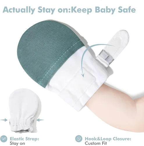 Vista 4 de HAPIU Manoplas para bebé que no se rayan, 100% algodón transpirable, guantes ajustables para niños y niñas, recién nacidos, 12 M