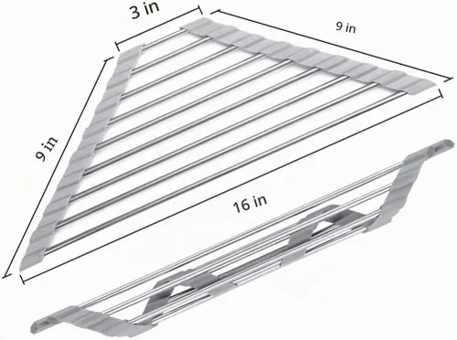 Vista 5 de Escurridor de platos triangular multiusos enrollable para esquina del fregadero, acero inoxidable sobre el fregadero, tapete escurridor de platos
