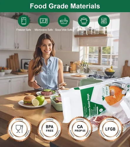 Vista 2 de Bolsas selladoras al vacío para alimentos, 50 x 10 pulgadas, etiqueta preimpresa, sin BPA, bolsas pequeñas para ahorrar alimentos, ideal para bolsas