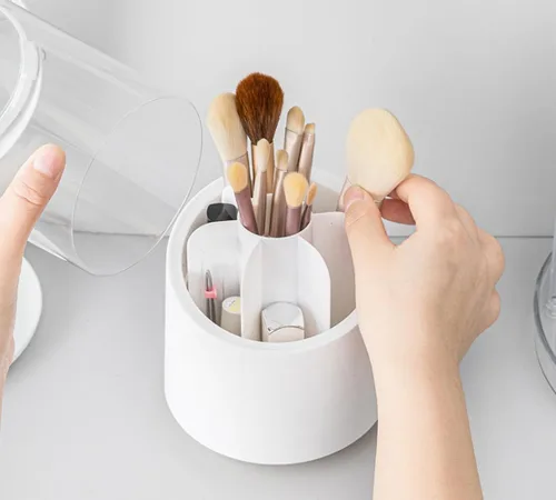 Vista 9 de Fantasee Organizador de brochas de maquillaje giratorio de 360°, almacenamiento de 7 compartimentos con cubierta transparente a prueba de polvo