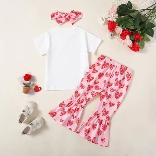 Vista 3 de Tinypainter Conjunto de ropa de verano para niña pequeña con texto en inglés "Love" Heart Bell Buttoms + diadema para el día de San Valentín