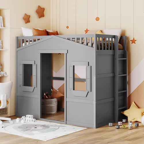 Vista 15 de Playhouse Wood Twin Size Loft Bed with Storage Staircase, Desk, Shelves