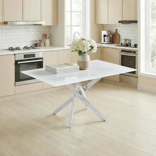 Vista 10 de Knocbel Mesa de comedor rectangular de 59 pulgadas para 4 a 6, mesa de cocina contemporánea con parte superior de vidrio templado y patas cruzadas