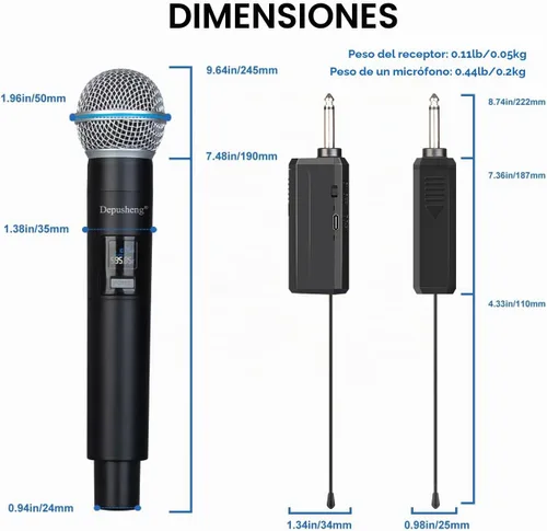 Vista 8 de Depusheng Micrófono inalámbrico, micrófono recargable, micrófono inalámbrico dinámico de mano para cantar karaoke, boda, DJ, fiesta, discurso