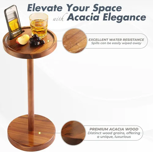 Vista 3 de Mesa auxiliar de pedestal, mesa de bebida de acacia con base pesada, mesa auxiliar redonda pequeña para espacios pequeños con soporte para teléfono