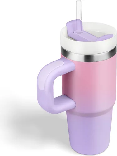 Vista 17 de Vaso de 14 oz con asa y pajita, vaso de 14 oz para niños con tapa y pajita, vasos de acero inoxidable para niños, para deportes al aire libre