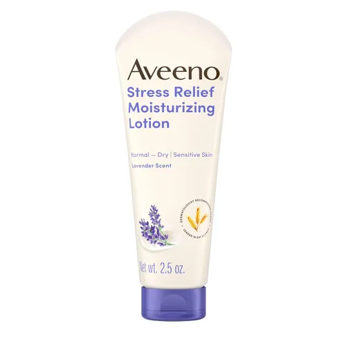 Vista 6 de Aveeno Loción corporal hidratante para aliviar el estrés con aroma prebiótico de avena y lavanda para pieles sensibles, calma y relaja