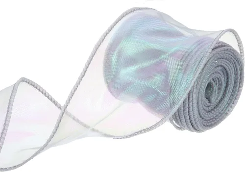 Vista 52 de MECCANIXITY - Cinta de organza con cable de 1 1/2" de ancho, brillante, transparente, con brillo irisado en tonos pastel, cinta de gasa para Beige