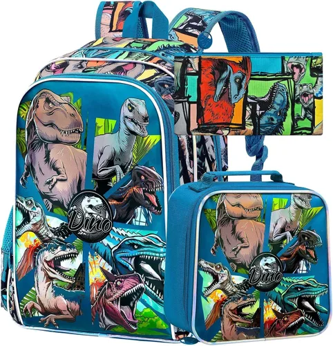 Vista 22 de CCJPX 3Pcs Backpack for Boys, 16 Inch Preschool Elementary Kindergarten School Backpacks and Lunch Box Aa1-dinosaurio Negro