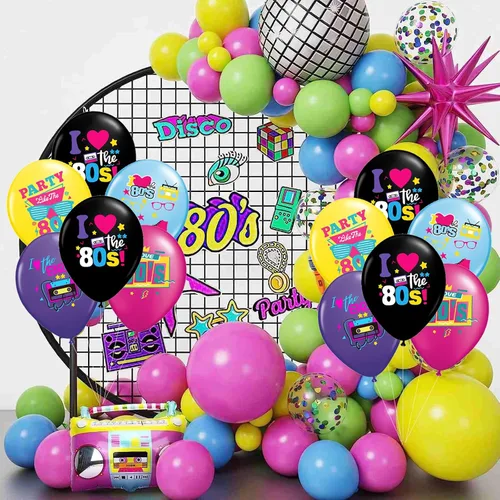 Vista 5 de Decoraciones para fiestas de los años 80, paquete de 30 globos de regreso a los 80 para suministros de fiesta temática de los años 80 Globos retro