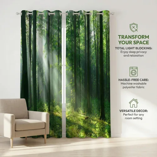 Vista 7 de Cortinas de bosque, cortinas opacas de árboles verdes, cortinas de tratamiento de ventanas de bosque para sala de estar, dormitorio, hotel, 2