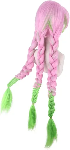 Vista 6 de BYOOTI Kanroji Mitsuri Cosplay Wig Kimetsu No Yaiba Costume Long Pink Mixed Green Braid Heat-resistant Fiber Hair Wigs + W