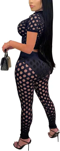 Vista 2 de Ophestin Conjunto sexy de 2 piezas para mujer conjunto de pantalones ajustados con parte superior hueca