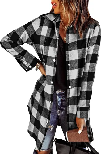 Vista 11 de EVALESS Chamarra Shacket de Cuadros con Bloques de Color para Mujer, Ropa de Otoño, Conjuntos de Moda 1b marrón