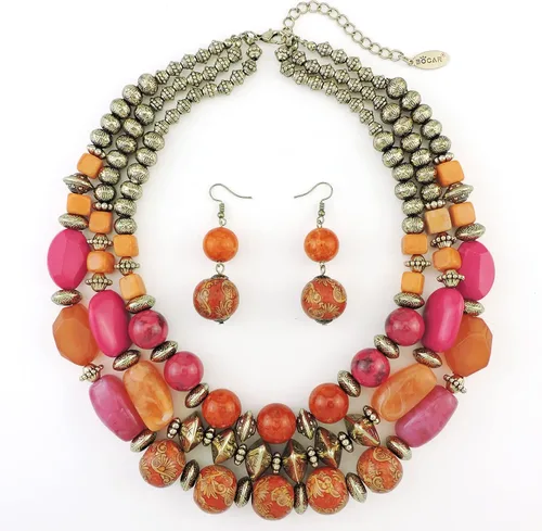 Vista 4 de Bocar Juego de collar y aretes de cuentas gruesas de 3 capas, collar de múltiples capas para mujer