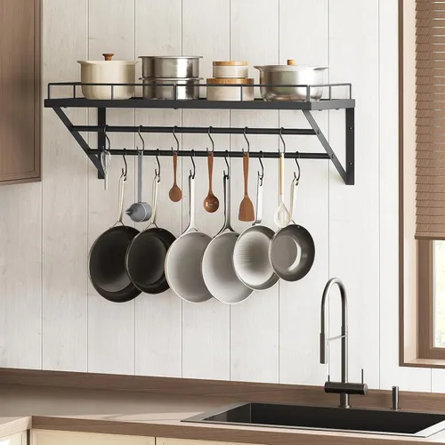 Vista 7 de YATINEY Estante para ollas, estante de pared de 30 pulgadas, organizador de ollas y sartenes de cocina con rieles colgantes de 2 niveles, 12 ganchos
