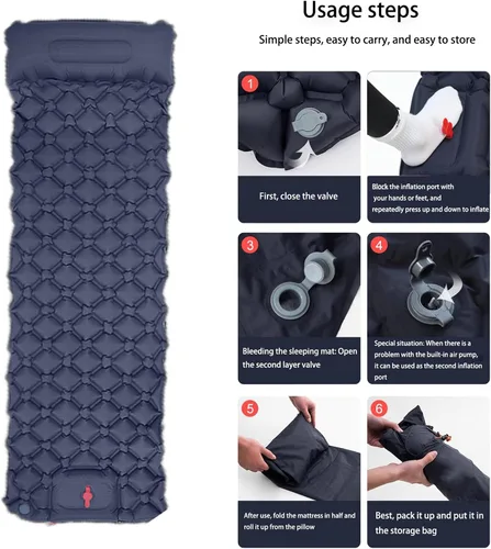 Vista 9 de Colchoneta de dormir para campamento: colchoneta inflable ultraligera con bomba de pie y almohada integradas, colchón de aire compacto mejorado