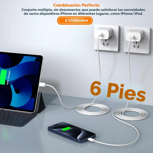 Vista 7 de Carga para iPhone 16/15, carga rápida iPhone 16/15, paquete de 2 adaptadores de carga de pared tipo C, bloque de carga USB C, cable tejido USB-C a C