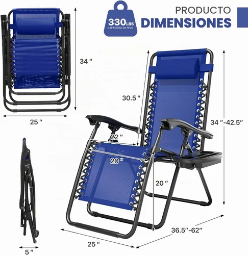 Vista 3 de Magshion Zero Gravity - Sillón reclinable plegable ajustable con portavasos bandeja lateral y almohada extraíble para reposacabezas, tumbona