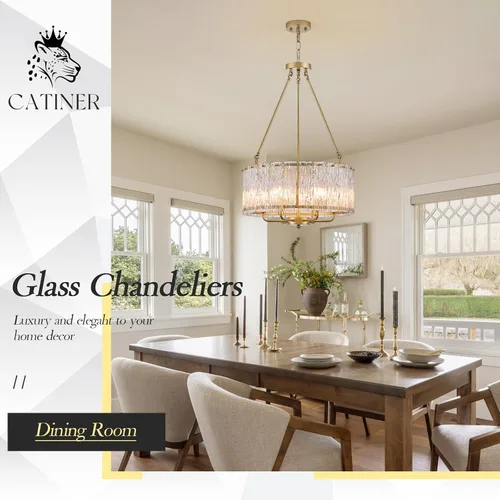 Vista 2 de CATINER Candelabro de cristal de 20 pulgadas, moderno, 6 luces, lámparas de tambor dorado, iluminación colgante de techo de lujo para entrada