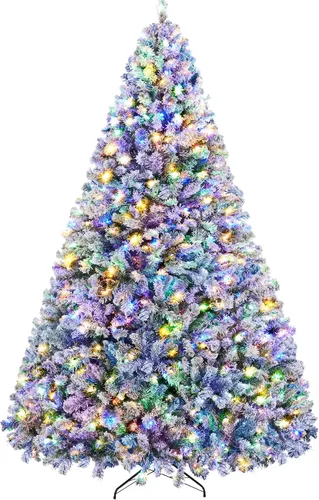 Vista 13 de Yaheetech Árbol de Navidad artificial de abeto preiluminado de 4.5 pies, flocado con nieve, con bisagras, con 100 luces LED multicolor y 340 puntas