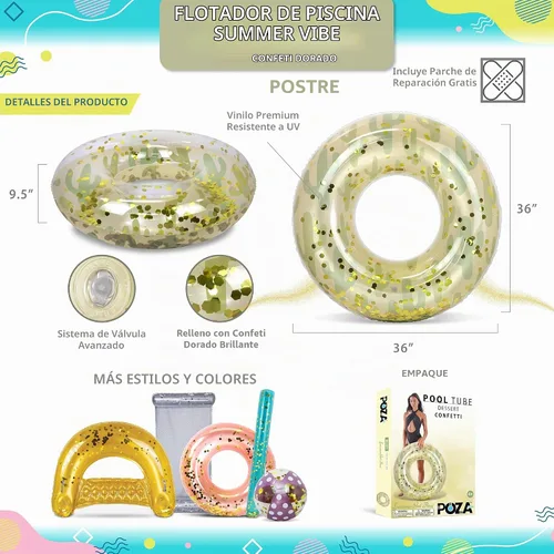 Vista 3 de POZA - Flotador inflable para piscina – Anillo de natación de confeti brillante, resistente a los rayos UV, flotador inflable para piscina