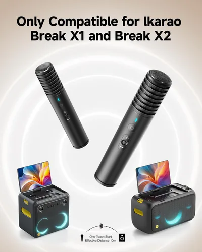 Vista 2 de Ikarao Micrófono inalámbrico Bluetooth para máquina de karaoke Break X1 y X2, micrófono de reemplazo/accesorio con 8 efectos de sonido, batería