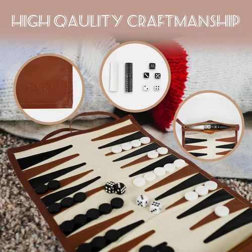 Vista 5 de YOBRO Juegos de backgammon de viaje para adultos, clásico juego de mesa de backgammon enrollable de piel sintética, portátil, ligero