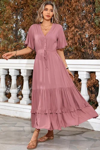 Vista 2 de R.Vivimos - Vestido por debajo de la rodilla para mujer, vestido de algodón, diseño de manga corta, cuello en V, estampado floral