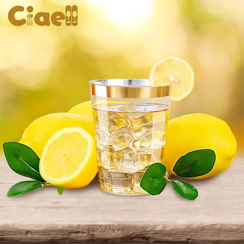 Vista 6 de Ciaell 120 vasos de plástico dorados, vasos de plástico transparente resistentes de 10 onzas con borde dorado, vasos desechables con borde dorado
