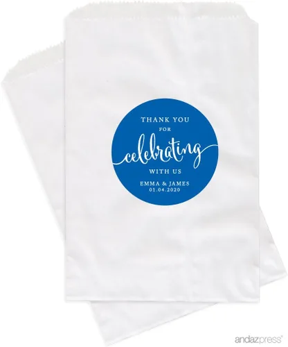 Vista 7 de Andaz Press Bolsas de regalo personalizadas para mesa de postre, agradecimiento por celebrar con nosotros, aguamarina, paquete de 24, personalizadas
